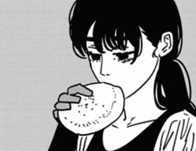 a black and white drawing of a girl eating a hamburger .