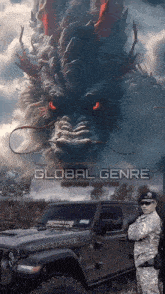 a man in a military uniform stands in front of a jeep that says ' global genre ' on it