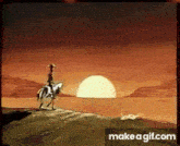 a cartoon of a man riding a horse in the desert at sunset