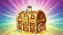 a hamster is sitting on top of a treasure chest holding a key