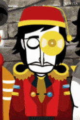 a cartoon of a man wearing a red hat and a yellow disc in his eye