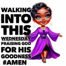 a woman in a purple dress is walking into this wednesday praising god for his goodness #amen .