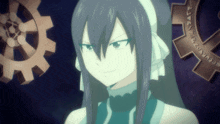 a girl with long black hair is standing in front of a gear that says ' a '