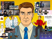a man in a suit and tie is surrounded by a collage of images including one titled manipulation