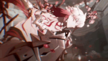 a blurred image of a person with red hair and a sword in a video game .