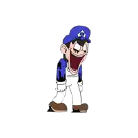 a cartoon character with a s on his hat is laughing