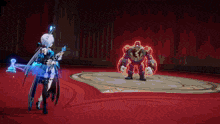 a video game character stands in front of a monster