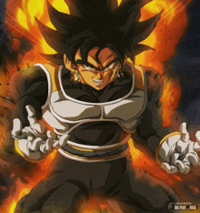 a cartoon character with black hair and white gloves is standing in front of a fire .