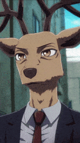 a deer wearing a suit and tie with antlers
