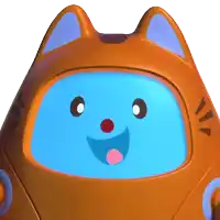 a close up of a toy with a blue face and orange ears