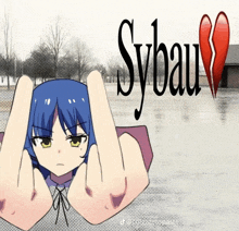 a cartoon of a girl giving the middle finger with sybau written on the bottom