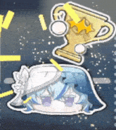 a cartoon character with a trophy on top of her head .