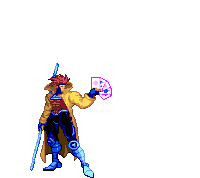 a pixel art of gambit holding a sword with purple flames coming out of it