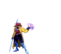 a pixel art of gambit holding a sword with purple flames coming out of it