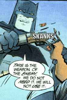 a cartoon of batman holding a gun with the words " skanks " on it