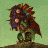 a pixel art of a monster with a mask on its face standing on a rock .