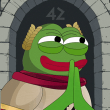 a cartoon frog with a laurel wreath on his head and the number 42 on the bottom