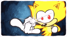 a cartoon drawing of a yellow fox with red eyes and a blue background