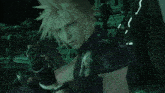 a video game character named cloud strife is looking down