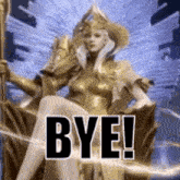 a statue of a woman sitting on a throne with the word bye .