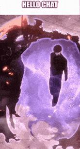 a man is standing in front of a monster with a purple shield .