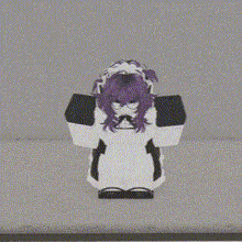 a cartoon character with purple hair is standing on a shelf .