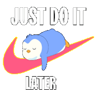 a penguin laying on top of a pink nike swoosh with the words just do it later below it