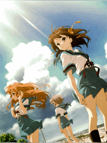 three anime girls are standing in front of a blue sky with clouds