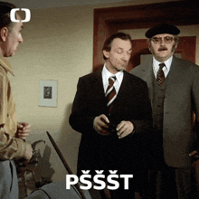 three men in suits and ties are standing next to each other and the word pssst is on the bottom left
