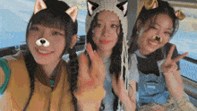 three girls are posing for a picture and one of them is wearing a cat hat .