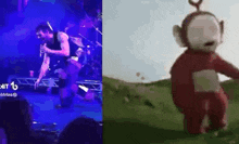a man is singing into a microphone on a stage next to a picture of a teddy bear .
