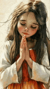a painting of a little girl praying with her eyes closed