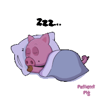 a cartoon pig is sleeping under a purple blanket with the words patient pig below it