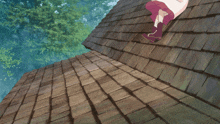 a girl with red hair is laying on the roof of a building