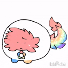 a drawing of a cartoon character with a rainbow tail and a flower in its mouth .