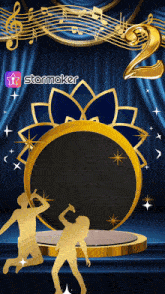 a screen shot of a starmaker app with a blue curtain in the background