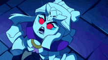 a cartoon character with red eyes and a white head