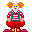 a pixel art of a clown sitting on a red stool .
