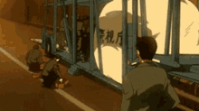 a man in a suit is standing in front of a train with chinese writing on the side .