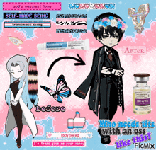 a cartoon of a boy with a flower crown and a bottle of testosterone gel