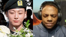 a man in a military uniform is holding a bouquet of flowers and a man wearing headphones is sitting down .