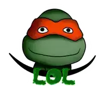 a cartoon turtle with a red mask and the word lol on its feet