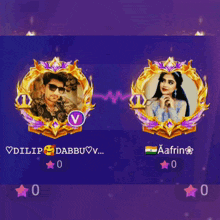 a man and a woman are on a purple background with their names on them