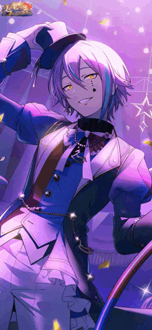a boy with purple hair is wearing a top hat and holding a hula hoop