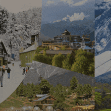 a collage of images shows a few different places including mountains