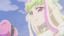 a girl with green hair and pink highlights is smiling in front of a blue sky