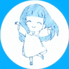 a drawing of a little girl with blue hair in a white circle