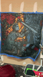a painting of a man with a sword and a woman with roses