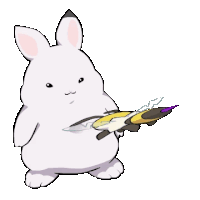 a white rabbit is holding a purple and yellow bug