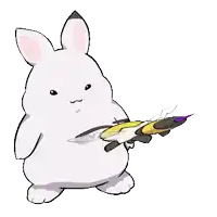 a white rabbit is holding a purple and yellow bug